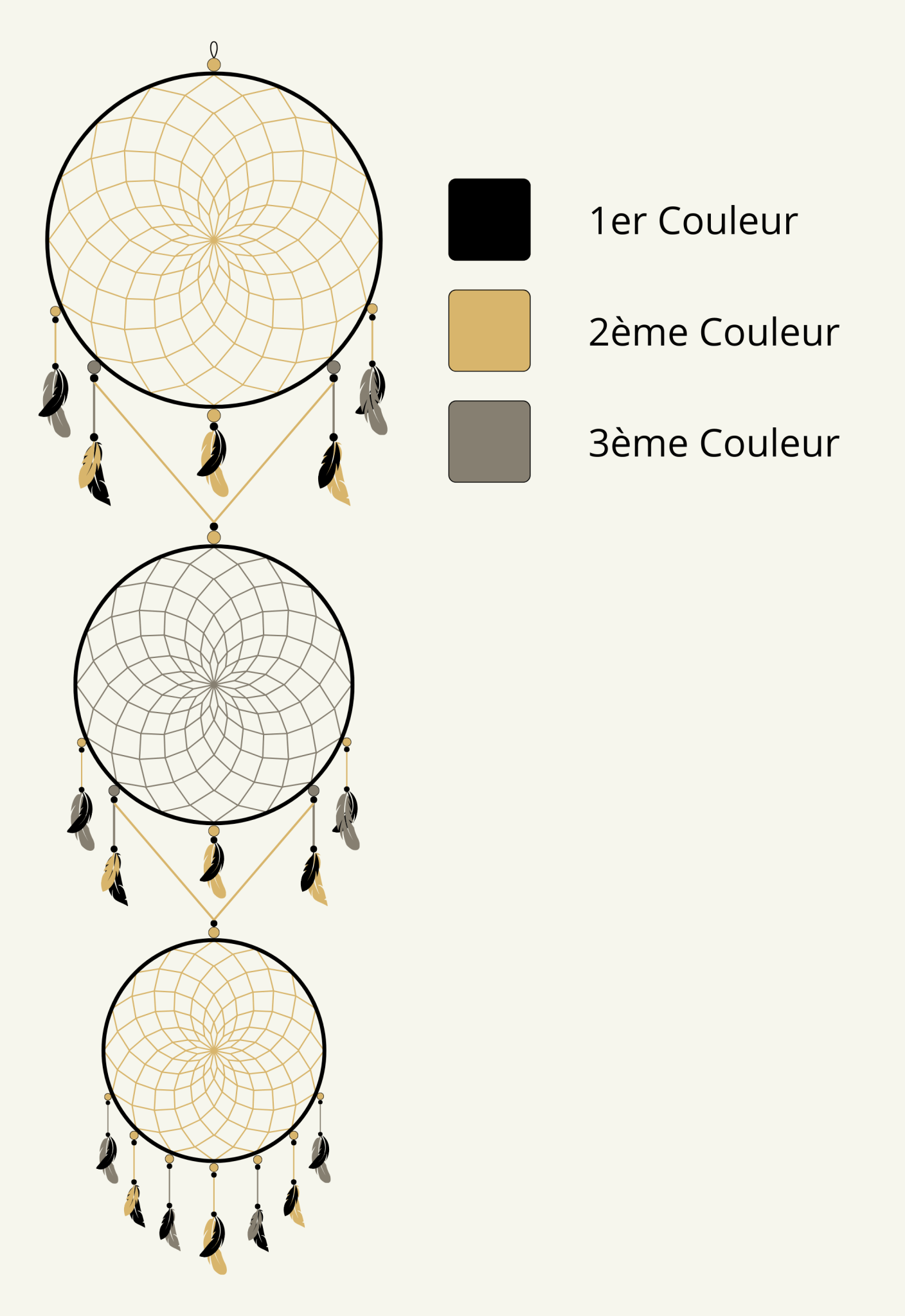 Schéma du modèle Mistral de "Zéphir" montrant un troisième choix de couleur optionnel, attrape-rêve à 3 cercles avec personnalisation complète.