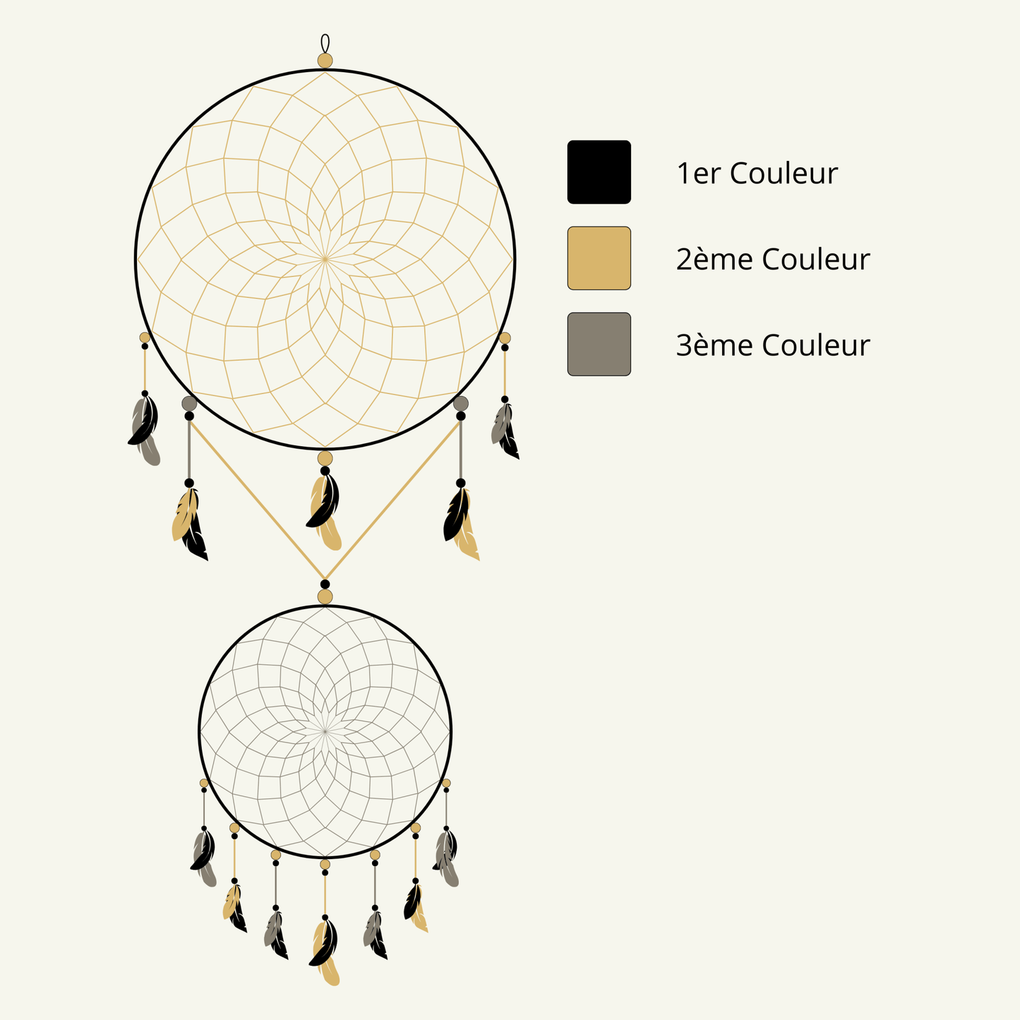 Schéma du modèle Alizé de "Zéphir" montrant un troisième choix de couleur optionnel, attrape-rêve à 2 cercles avec personnalisation complète.