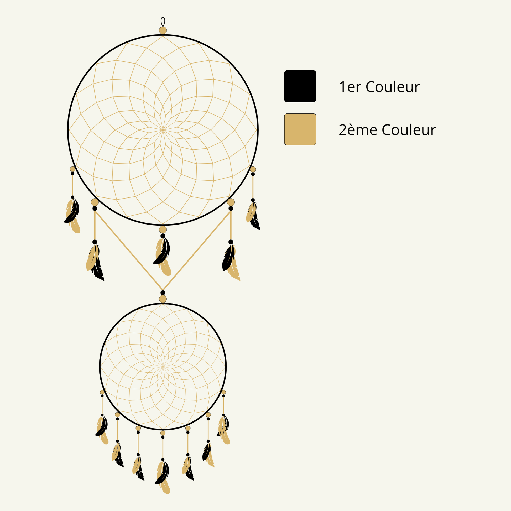 Schéma numérique du modèle Alizé de "Zéphir", attrape-rêve à 2 cercles avec options de personnalisation pour taille et couleurs.