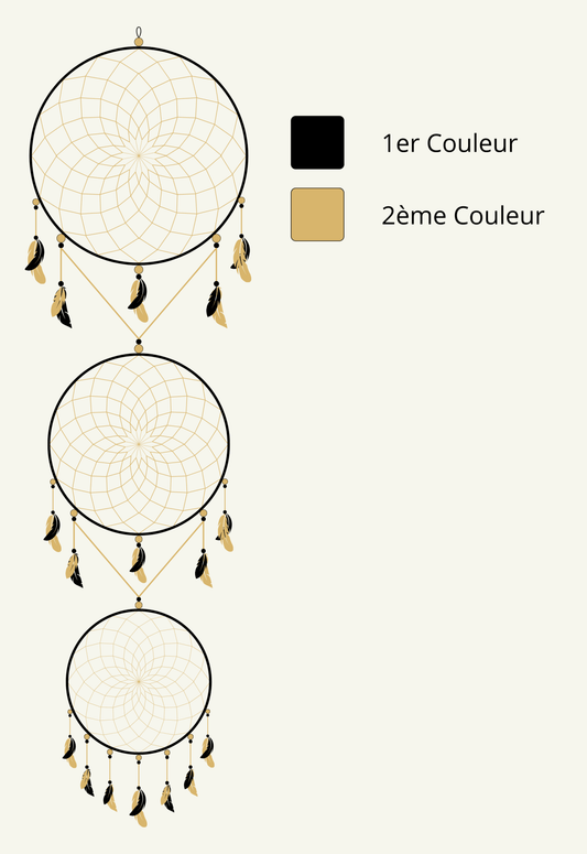Schéma numérique du modèle Mistral de "Zéphir", attrape-rêve à 3 cercles avec options de personnalisation pour taille et couleurs.