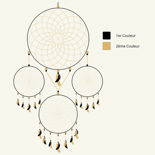 Schéma numérique du modèle Sirocco de "Zéphir", attrape-rêve à 4 cercles avec personnalisation complète des tailles et couleurs.